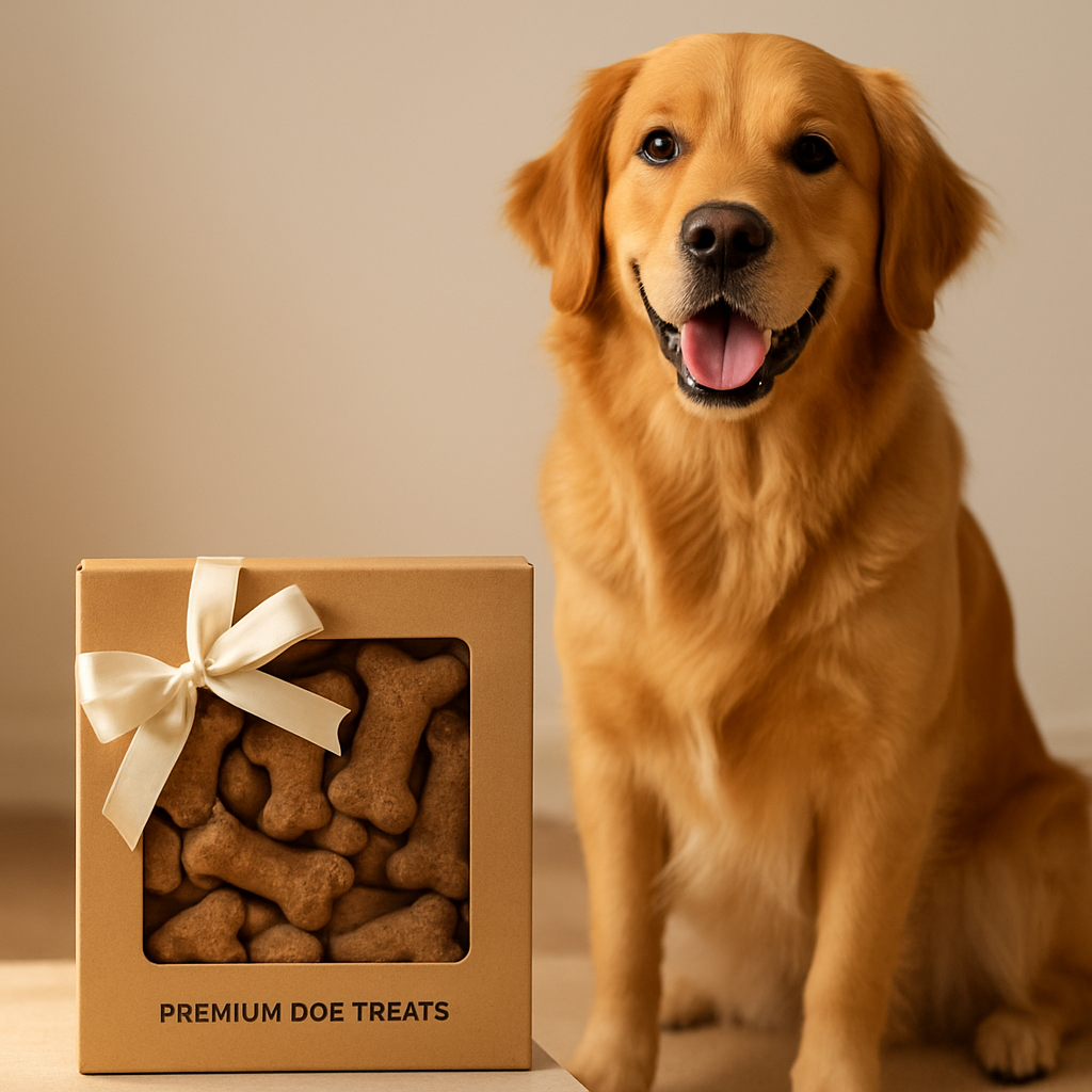 A happy golden retriever beside a box of premium dog cookies